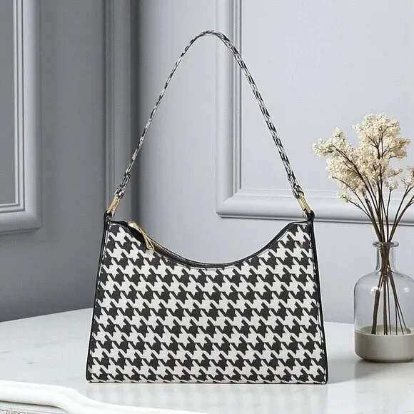 Houndstooth Baguette Shoulder Bag Black White PU Leather Y2K Streetwear Purse - Picture 7 of 14